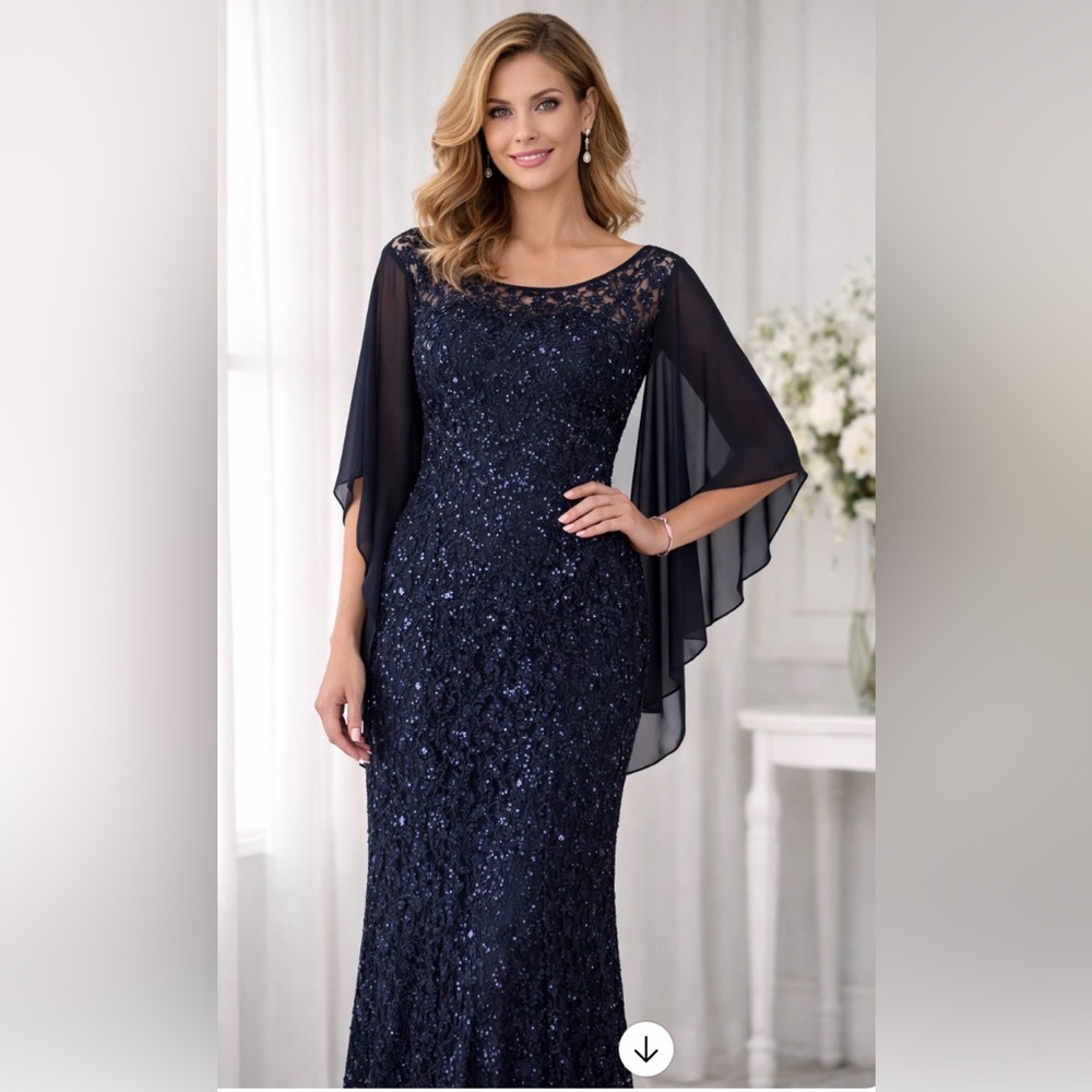 Elegant Navy Sequin Evening Gown Cape Sleeve Formal Gown, measures size Medium*